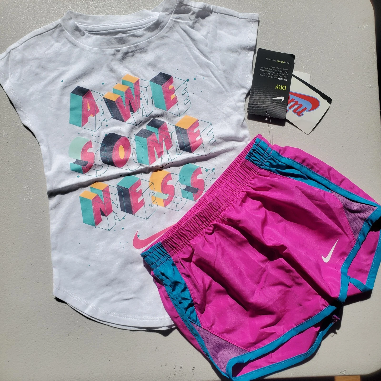 Nike Girls Size 4 Summer Dri-fit Lined Shorts & Top Purple Pink NEW