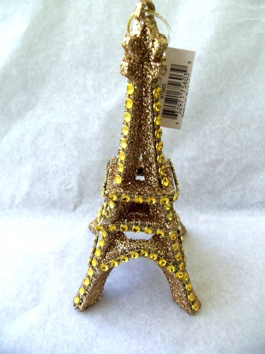 EIFFEL TOWER Gold Glitter Christmas Ornament NEW YELLOW BEADS