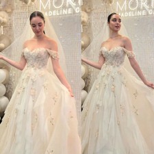 Newest 3D Flowers Appliques Lace A-Line Wedding Dresses Off The Shoulder Pleat