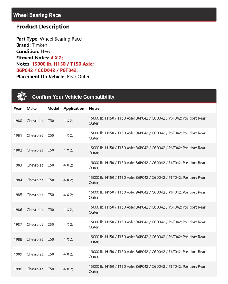Para Chevrolet C50 1980-1990 4 X 2 Ruedas Cojinete Carrera Trasero Exterior Timken 1981 1982 Foto 2 de 4