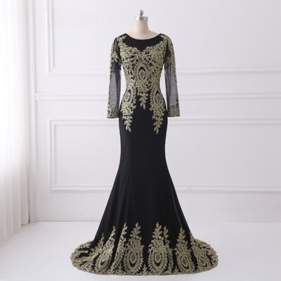 Black Long Sleeves Mermaid Evening Dresses Lace Applique Formal Prom Party Gowns