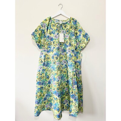 YAS Lomisa Midikleid Blumen Größe XL UK 14/16 grün Baumwolle gesmokt Scandi UVP 58£