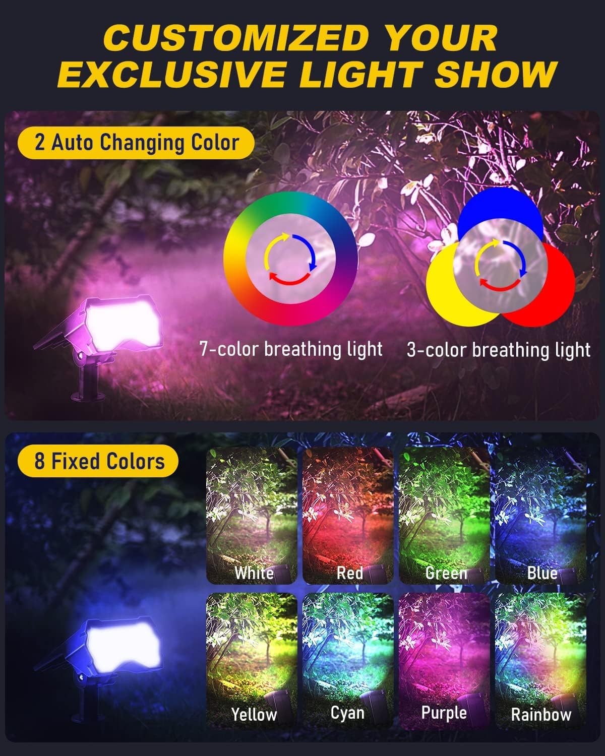 Solar Spotlights Outdoor [ 8 Colors/10 Modes], 2 in 1 Solar Powered Garden Spot