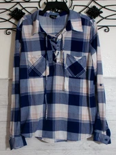 Justify Women's Top Size XL Long Sleeve Multicolored Plaid Collared Neck