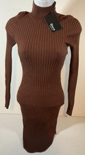 Hera Collection Turtleneck Dress Women’s Brown Sz M Heather Ribbed Knit Fitted
