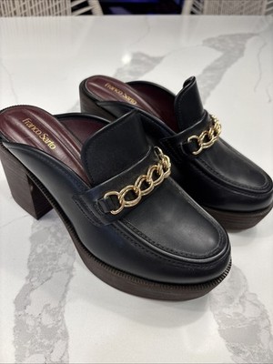 Franco Sarto Katra-Clog mules in black faux leather with gold chain Size 7