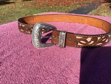 Vtg 90s 3D Western Belt Leather Pink Insert Heart Conchos Womens Sz 32
