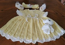Crocheted Baby Yellow Dress, Shoes, Headband. 0-3 Months