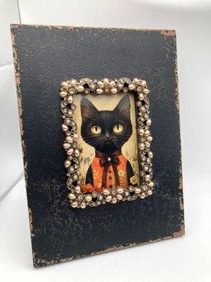 Ornate Black Gold Pearl Rhinestone Frame 10x7.5 w Mr. Black Cat Print Easel