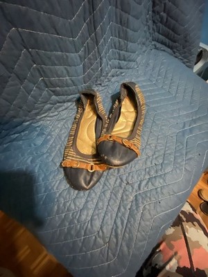 Dexflex Comfort Navy and Beige Striped Ballet Flats with Brown Buckle Strap