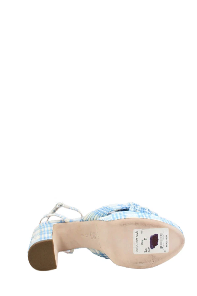 Sandalias Loeffler Randall para mujer de tacón ancho a cuadros con correa al tobillo blancas azules talla 11M Foto 4 de 4