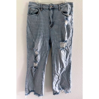 Risen Jeans Womens 1XL Blue Denim High Rise Distressed Raw Hem Boho