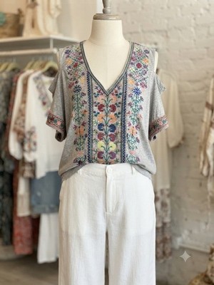 Johnny Was Gray Multicolor Floral Embroidered Cold Shoulder V-Neck Blouse XL