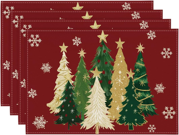 Rot BäUme Schneeflocken Weihnachten Platzsets 4Er Set, 30X45Cm Winter Tischset W-image