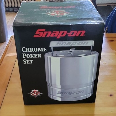 Snap-on Chrome Poker Set 85 Years Proud w/ Chip Caddy, Chips & 2 Decks Cards