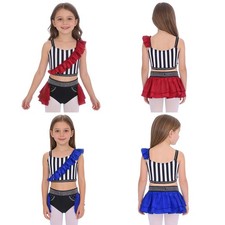 Kids Girls 2-Piece Ruffle Crop Top And Skirt Brief Competition Dance Costume