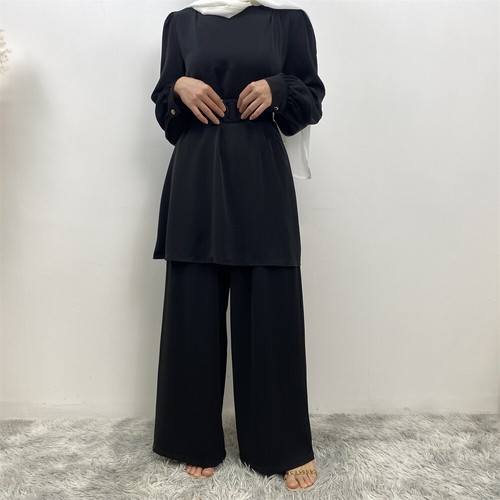 Fashion Muslim Women Abaya Tops Wide Leg Pant Set Kaftan Islamic Outfit 2pcs Set - Picture 28 of 53