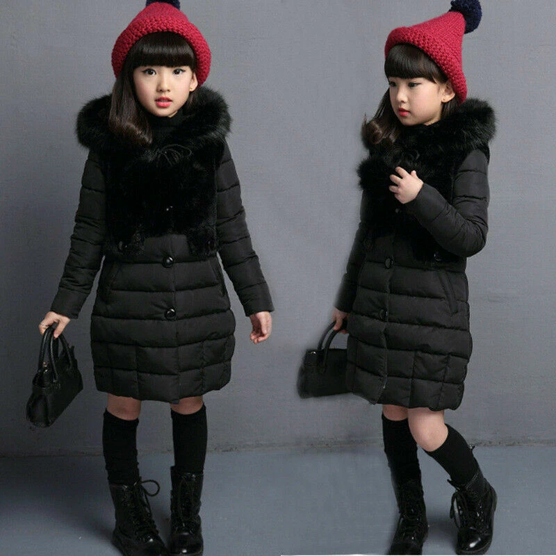 Invierno Niñas Niños Abrigo Cálido Chaqueta Acolchada Imitación Piel Capucha Largo Parka Abrigo Foto 3 de 4
