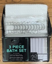 ESSENTIAL SPA 3 Pcs Bath Set Waffle white Shower Curtain, Liner  12 Metal Hooks
