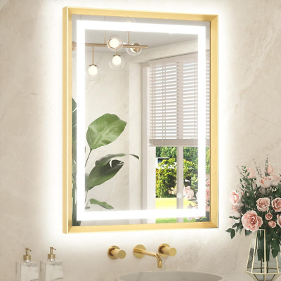 Brushed Gold LED Bathroom Mirror 24x32'' - Dimmable, Anti-Fog, 3 Colors