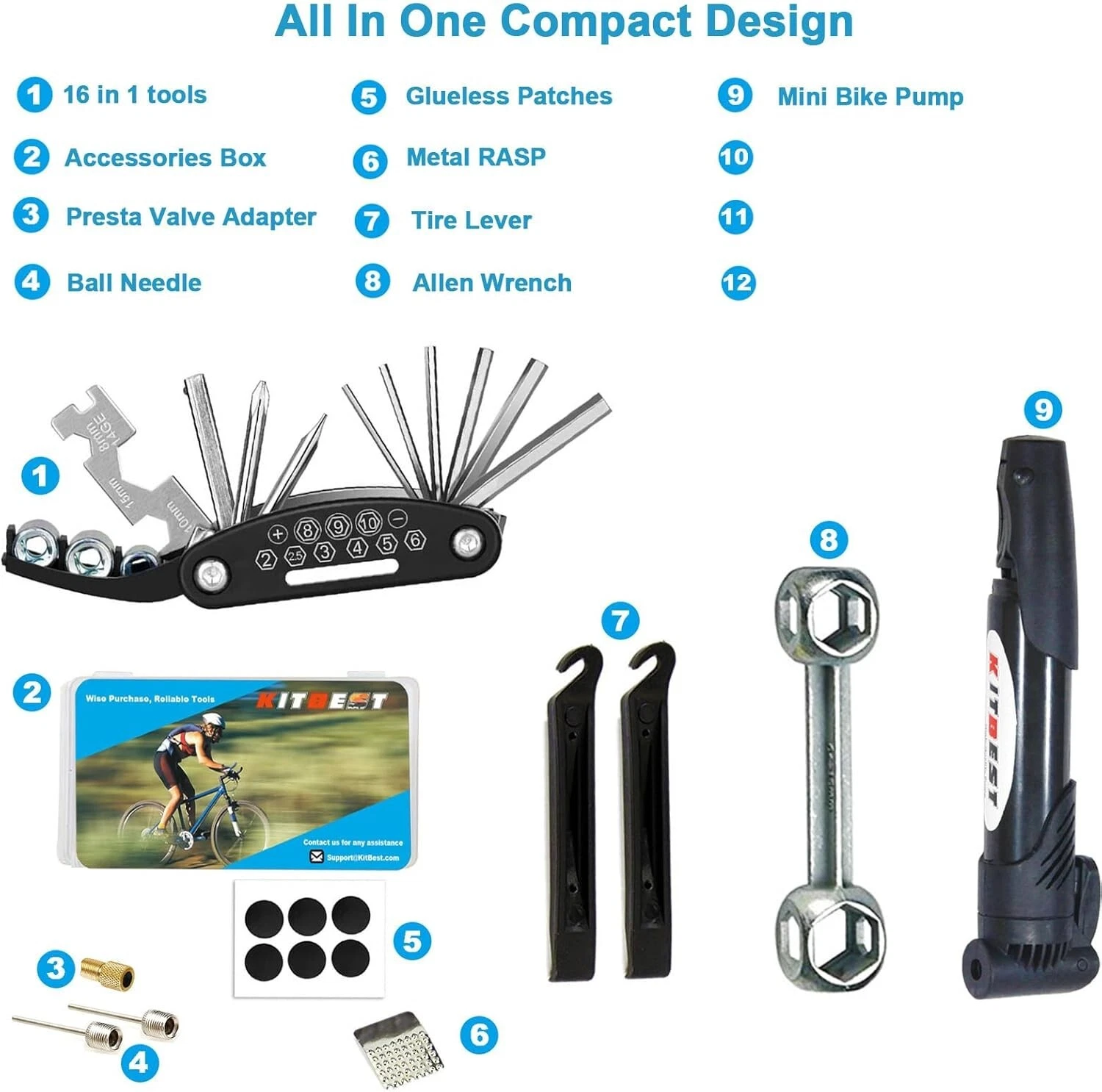 K Di Attrezzi Per Riparazione Bici Set Di Riparazione Biciclette Con Mini Pompa K Di Attrezzi Multifunzione 14 In 1 Custodia Per Bottiglia Per Attrezzi Bici Da 750 Ml - Foto 13