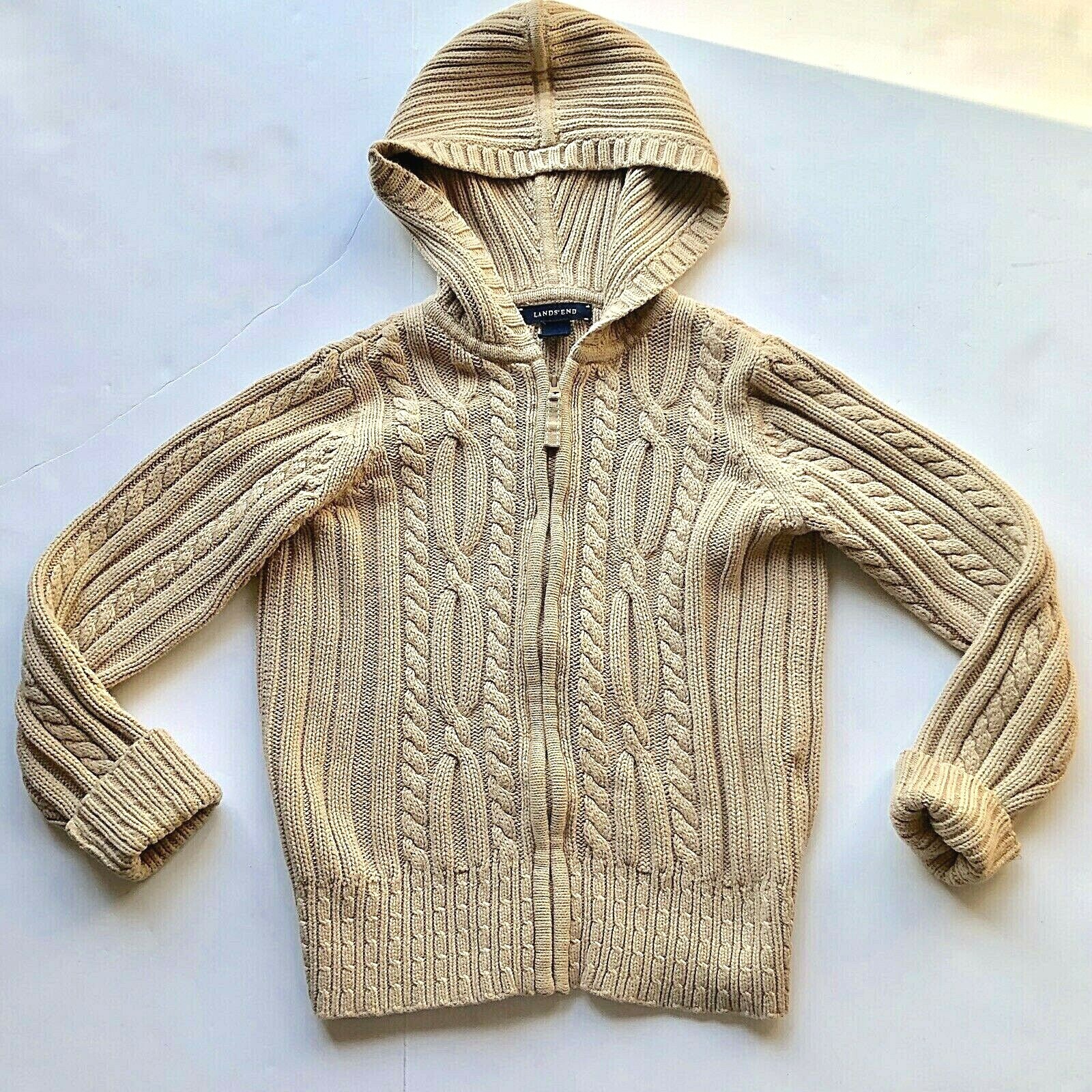Lands End Tan Cable Knit Sweater Hooded 
