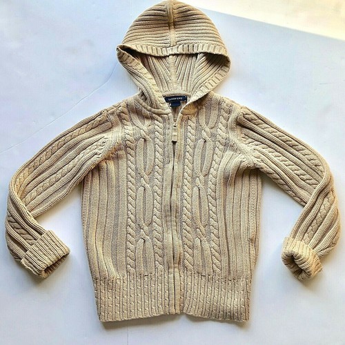 Lands End Tan Cable Knit Sweater Hooded 