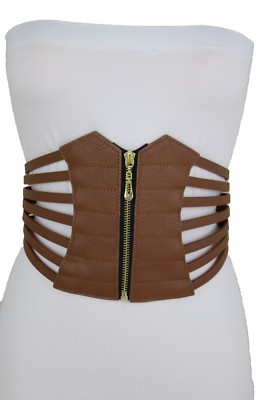 Chic Women Gold Zipper Wide Brown Corset Stretch Waistband  display picture 1