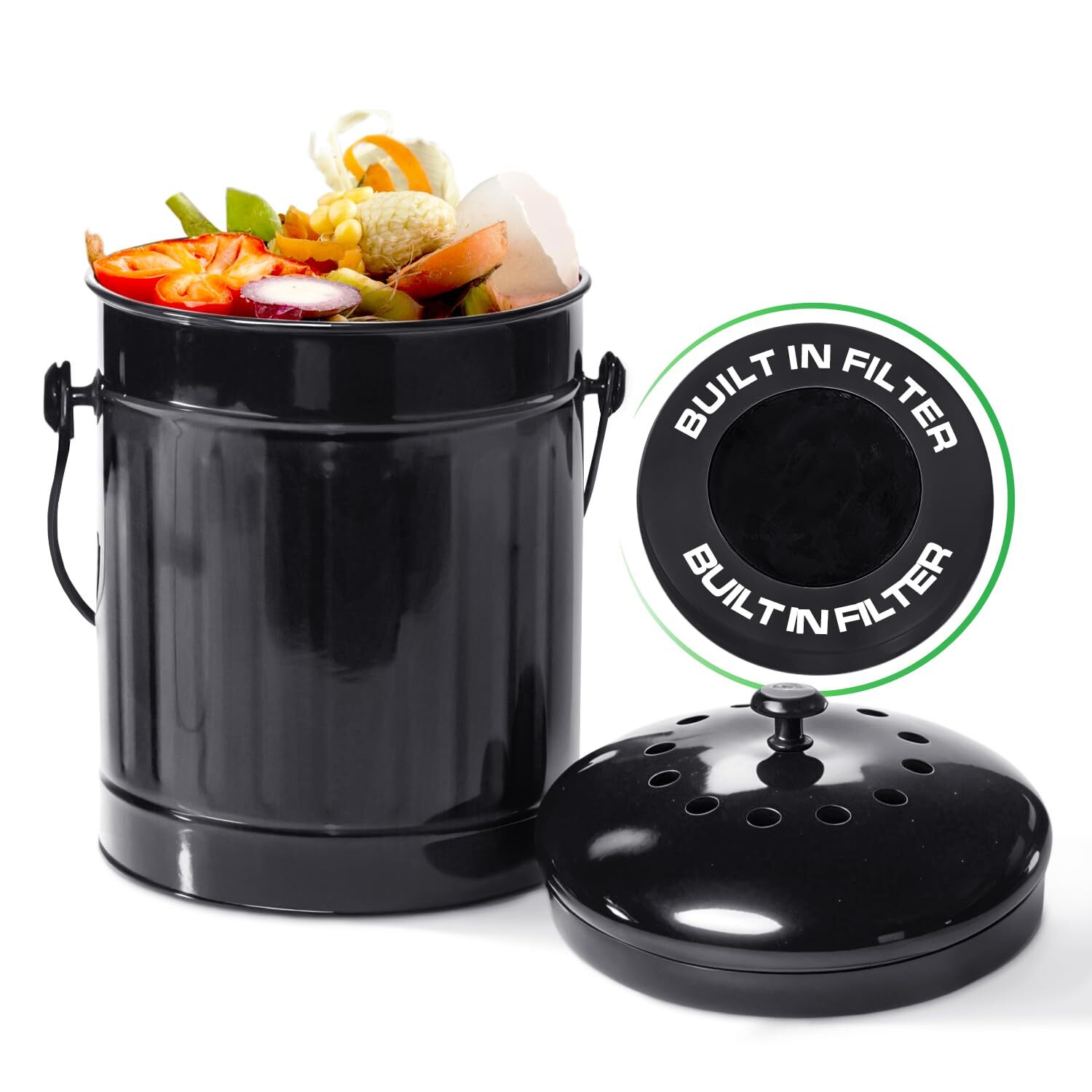 Countertop Compost Bin with Lid Black 1.5 Gallon Odorless Kitchen Compost Con...