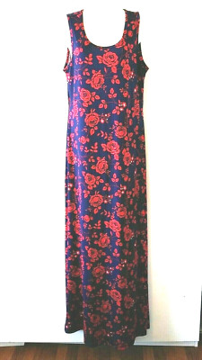 NEW WOMEN'S LULAROE DANI NAVY BLUE FLORAL RED ROSES STAR SLEEVELESS MAXI DRESS L
