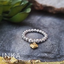 925 Sterling Silver and Gold Heart Charm Thumb Ring Stretch Stacker Ring By Inka
