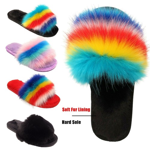 Ladies Fluffy Slippers Womens Faux Fur Sliders Open Toe Rainbow Mules Shoes  Size | eBay