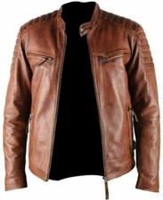 Blouson moto rétro homme vintage en cuir d'agneau véritable marron vieilli
