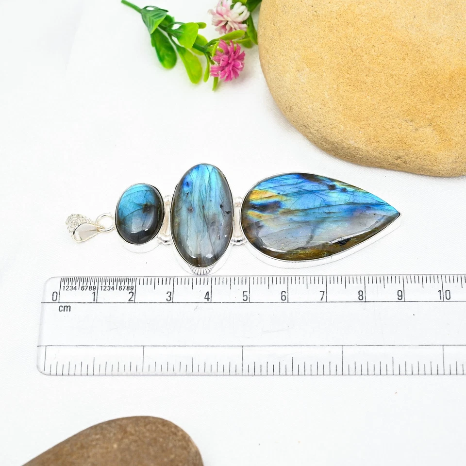 Natural Labradorite Gemstone Pendant 925 Sterling Silver Handmade Jewelry Gift - image 2 of 4