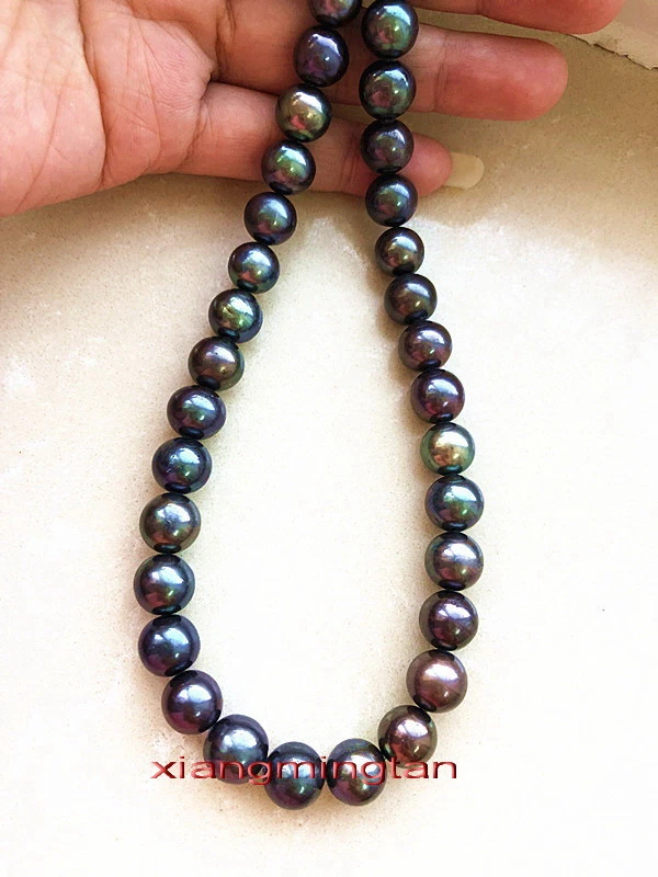 AAAAA 18"10-11 mm REAL Tahití redondo NEGRO verde multicolor collar de perlas 14K Foto 3 de 4