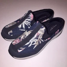 Easy Spirit Traveltime Clogs Palm Tree Denim Blue Suede Athleisure Mule Sneakers