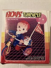 Vintage Mechanical Boy Tricycle Wind Up Tin Toy Happy Days Bike works 