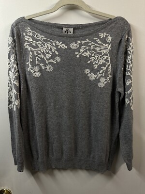 Rain+Rose Beautiful Embroidered Women s Scoop Neck Sweater Gray White XL