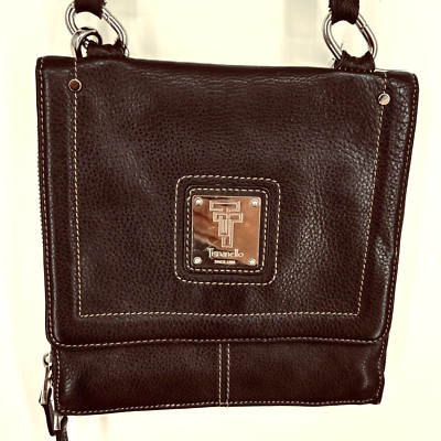 Tignanello Crossbody Purse Bag Black Pebbled Leather Flat Square Key Chain