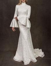 Mermaid White Wedding Dresses Turtle Neckline and Bell Sleeves Satin 3D Applique