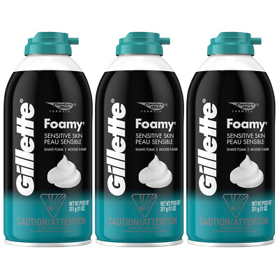 Pack of 3 New Gillette Foamy Shave Foam Sensitive 11 Ounce