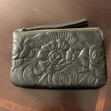Patricia Nash Cassini Tooled Wristlet Black Rose Floral Embossed Leather Clutch