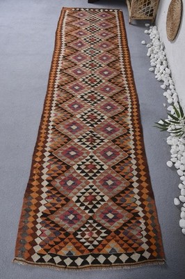 Vintage Runner Rug 2,6x9,4 ft, Turkish Kilim Brown Abstract Wool Rug