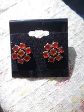 Pretty Sterling Silver and Orange Gemstone Cluster Stud Earrings