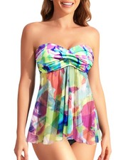 Two Piece Halter Bandeau Tankini, Flyaway Top, Bottoms, Tummy Control Swimwear
