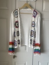 Crochet open-front cardigan. Multicolor granny squares. Bell sleeves. Size Large