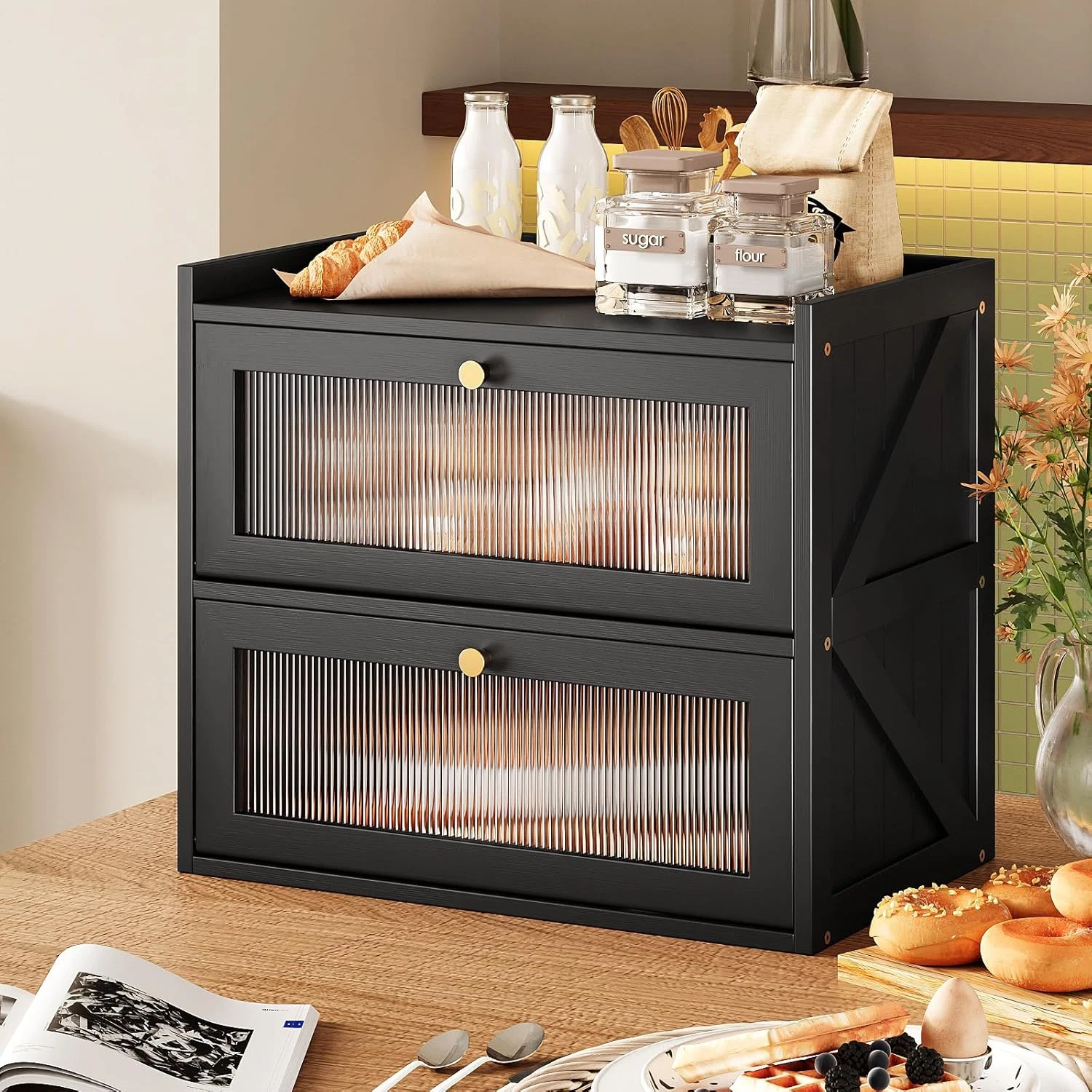 Farmhouse Double Layer Black Bread Box with Acrylic Door for Kitchen Storage