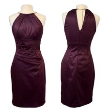 Eliza J Sz 6 Sheath Dress Deep Purple Satin Above Knee Halter Neck with Pleating