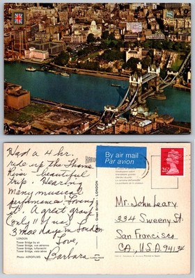 Vintage London Postcard: Aerial Tower Bridge, River Thames, England UK