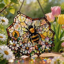 Acrylic Bee Suncatcher, Honeycomb Floral Window Hanging, Bee Lover Gift, Garden